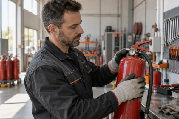 Tecnico manutentore durante il controllo di un estintore